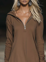 Casual Fashion Loose Brown Long Sleeve Ruffle Hem Hooded Mini Dress