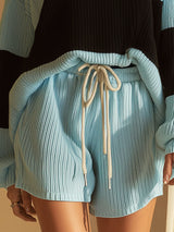 Stylish And Casual Blue And Black Knitted Top And Shorts Set