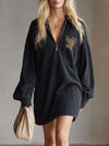 Casual Fashion Lapel Front Zipper Black Denim Mini Dress