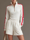Sporty Retro Red Trim White Cotton Half-Zip Long-Sleeve Sweatshirt And Shorts Set