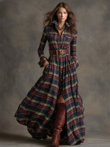 Plaid Lapel Maxi Dress in Reddish Brown