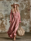 Elegant Pink Linen V-neck Button-front Maxi Dress