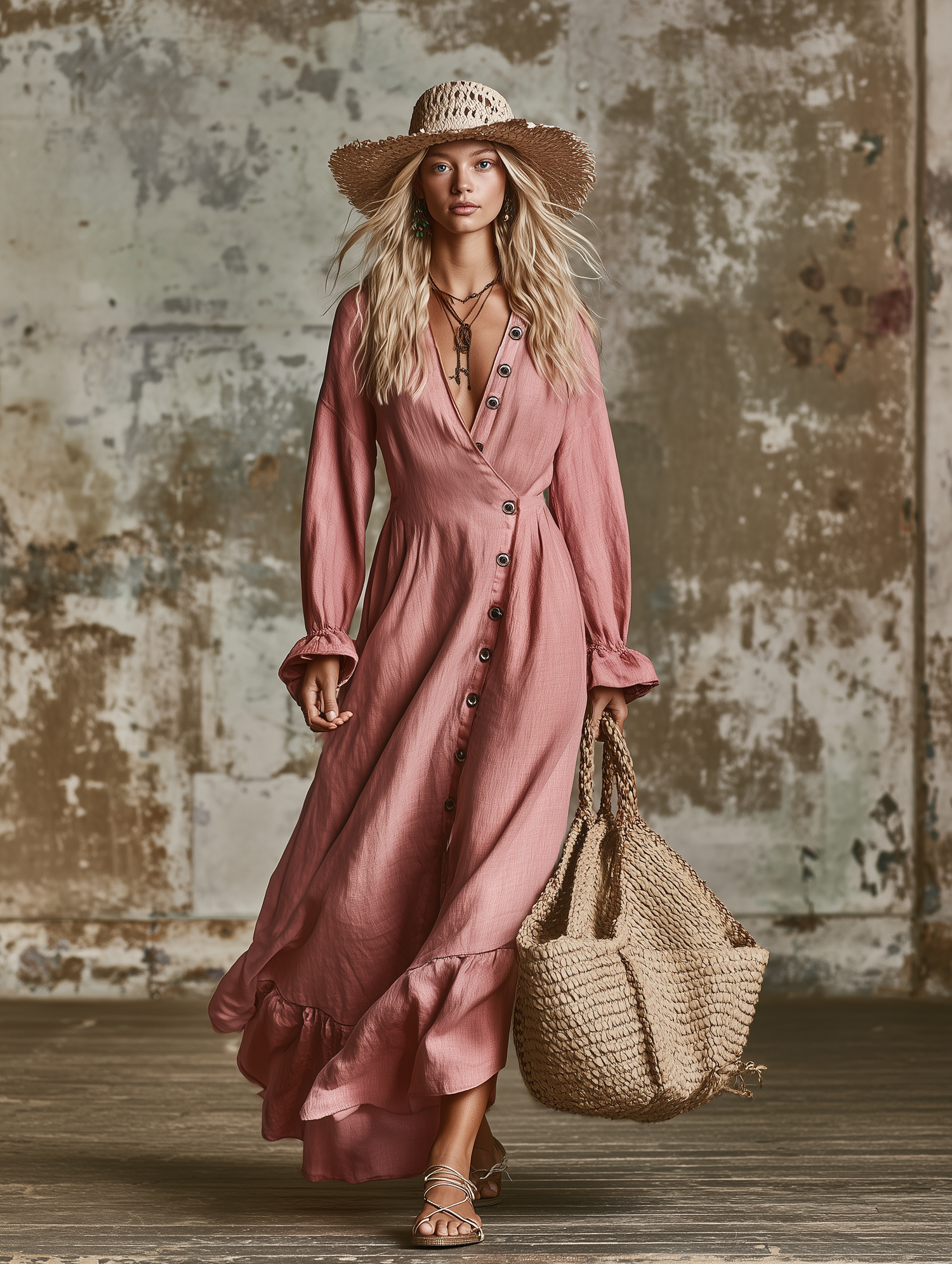 Elegant Pink Linen V-neck Button-front Maxi Dress