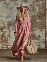 Elegant Pink Linen V-neck Button-front Maxi Dress