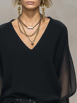 Breathable And Casual Comfortable V-neck Transparent Long-sleeved Black Knitted Blouse Top