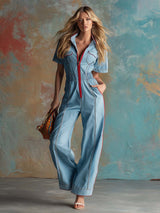 Retro Fashion Casual Lapel Front Zipper Red Trim Short-sleeved Light Blue Denim Jumpsuit
