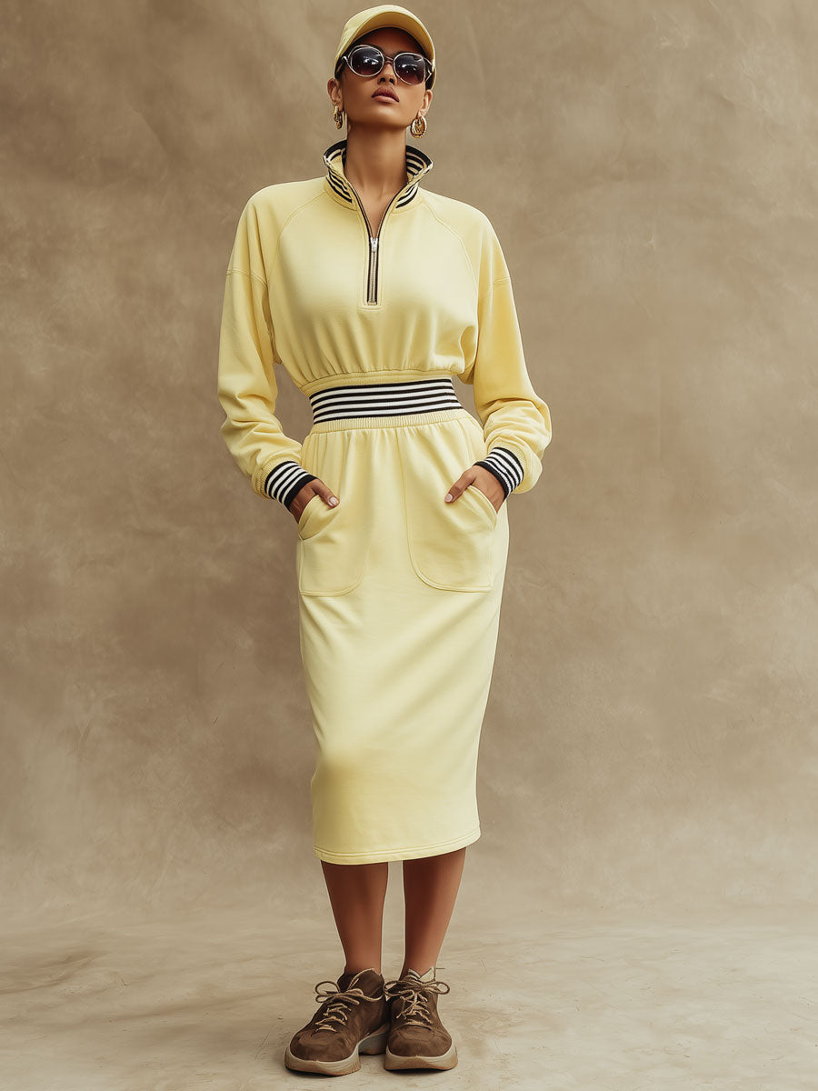 Sporty Retro Striped Ribbed Light Yellow Half-zip Long-sleeved Midi Dress