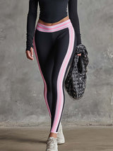 Elegant Fashion Sports Yoga Pink Trim Black High-stretch Knitted Top And Pants Set