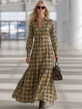 Casual And Stylish White Button-down Yellow And Black Plaid Maxi Dress