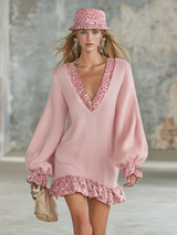 Retro Sporty Style Relaxed Fit V-neck Leopard Print Ruffled Hem Mohair Mini Dress