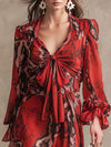 Fashionable Retro Resort Snakeskin Red Chiffon Long-sleeved Maxi Dress