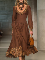 Stylish Brown Midi Dress With V-neck And Leopard Print Detailing At The Waist