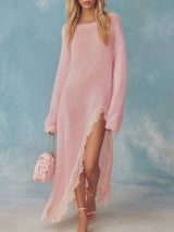 Retro Comfortable Lazy Round Neck Slit Detail Lace Trim Light Pink Lightweight Knitted Maxi Dress