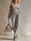 Trendy Retro Sporty Gray Off-shoulder Sweatshirt And Wide-leg Pants Set