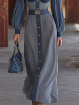 Casual Retro V-neck Denim Patchwork Plaid Maxi Dress