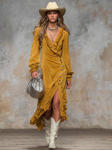 V-neck Ruffled Button-front Slit Faux Suede Long-sleeved Midi Dress