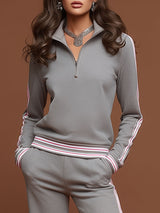 Sporty Retro Pink Striped Half-Zip Gray Sweatshirt And Wide-Leg Pants Set