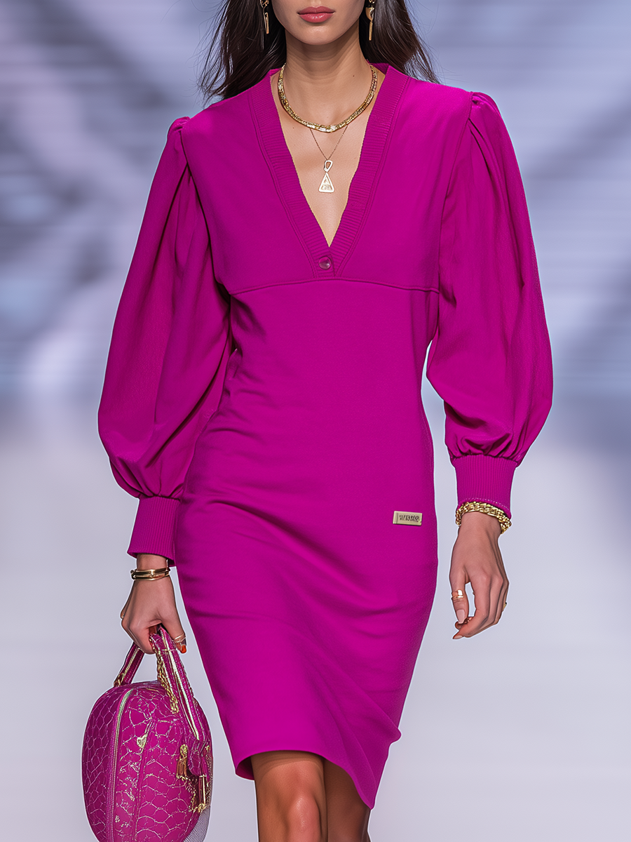 Retro Sporty V-neck Puff-sleeve Mini Dress