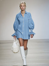 Lapel Collar Single-breasted Dropped-shoulder Puff-sleeved Denim Mini Dress