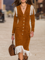 Vintage Western Style V-neck Fringed Faux Suede Dress