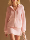 Casual Sporty Pink Hooded Zip-up Waffle-knit Top And Skirt Set