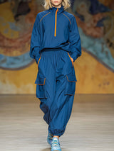Sporty Color-blocked Stand-collar Zip-up Top And Pants Set