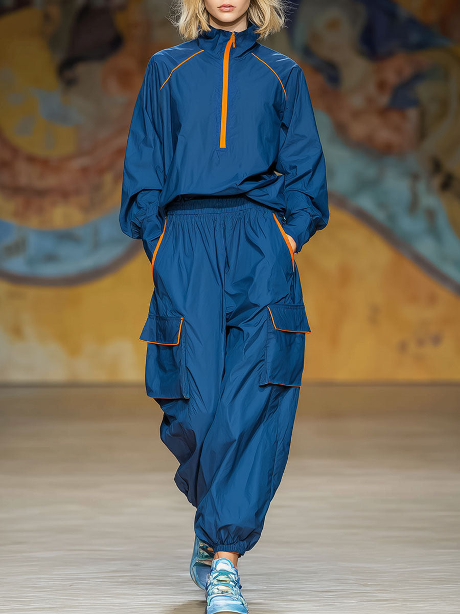 Sporty Color-blocked Stand-collar Zip-up Top And Pants Set