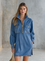 Retro Zippered Stand-up Collar Chest Pocket Denim Mini Dress