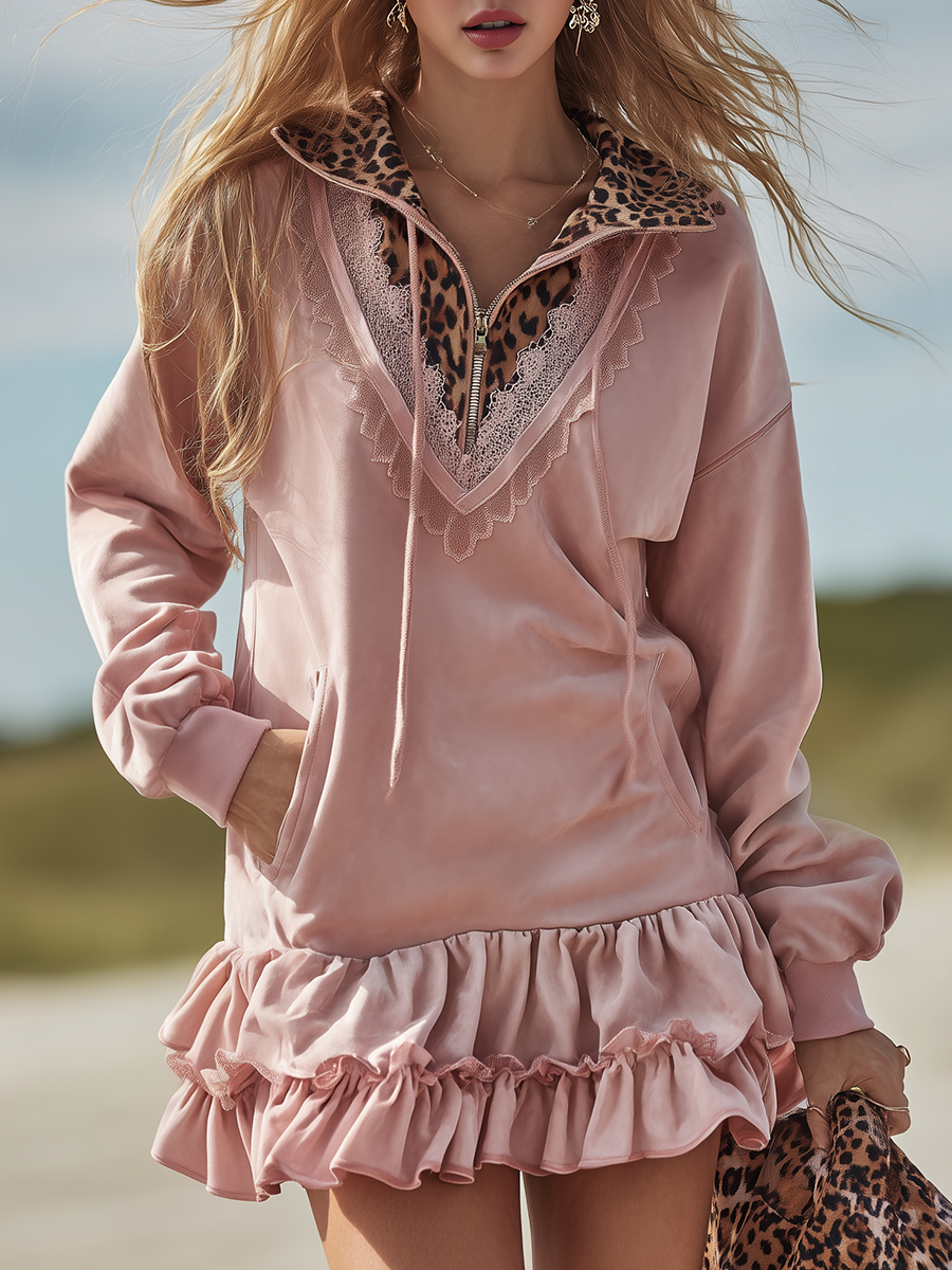 Retro Western-style Leopard Print Lapel Faux Suede Mini Dress