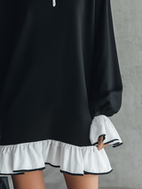 Stylish And Sporty Color-blocked Ruffled Collar And Hem Black Mini Dress
