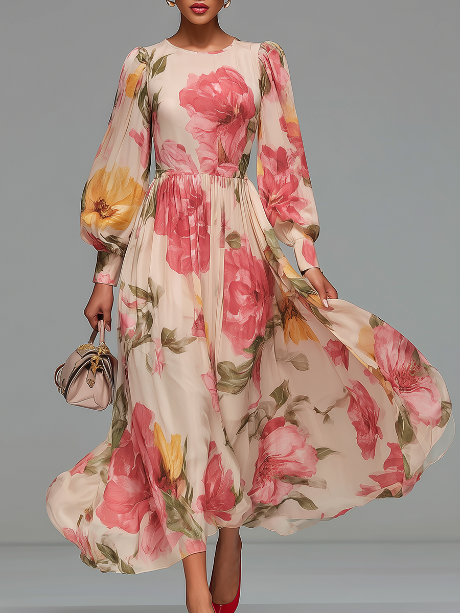 Elegant And Charming Vintage Floral Print Chiffon Midi Dress