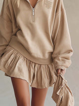 Elegant Retro Sporty Lapel Front-zip Bubble Hem Beige Washed Cotton Mini Dress