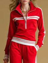 Retro-style Fashionable Zip-up Stand-collar Top And Pants Set