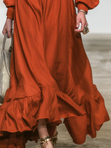 Western-style Rust-red Linen Off-the-shoulder With A Collared Neckline Maxi Dress