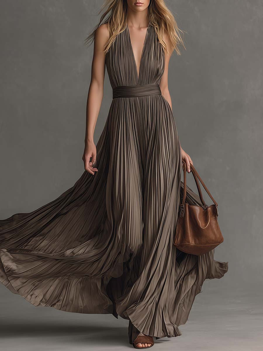 Greyish-Brown Satin V-Neck Pleated Maxi Dress