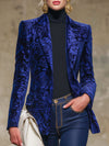 Royal Blue Rose Print Velvet Lapel Blazer