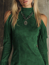 Semi-high Neck Off-the-shoulder Fringed Faux Suede Long-sleeved Mini Dress