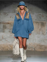 Lapel Collardenim And Leopard Print Patchwork Long-sleeved Mini Dress