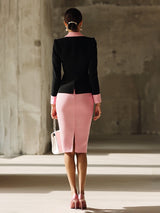【24-hour shipping out】Black Contrast Pink Knitted Jacket And Skirt Set