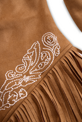 Vintage Western Style Embroidered Tassel Long Sleeve Brown Suede Mini Dress