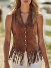 Western-style Brown Faux Suede Vest With Button Details And Fringe