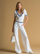 Sporty Retro Style Color-blocked Striped T-shirt And Pants Set