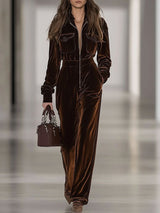 【24-hour shipping out】Casual Loose Vintage Velvet Multi-Pocket Zipper Long Sleeve Jumpsuit