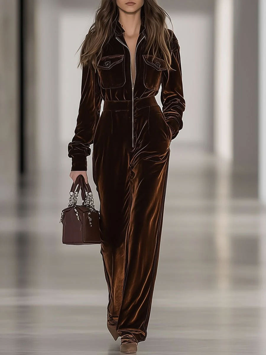 【24-hour shipping out】Casual Loose Vintage Velvet Multi-Pocket Zipper Long Sleeve Jumpsuit