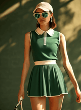 【24-hour shipping out】Casual Fashion Polo Neck White Trim Green Sleeveless Mini Dress