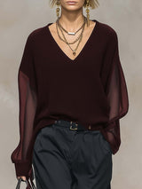 Breathable And Casual Comfortable V-neck Transparent Long-sleeved Black Knitted Blouse Top