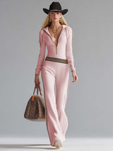 Retro Fashion Sports Hooded V-neck Front Zipper Off-white Knitted Jumpsuit