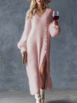 Comfortable Lazy Exquisite V-neck Metal Button White Imitation Rabbit Fur Knitted Side Slit Midi Dress