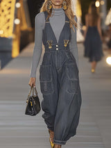 Fashion Personality Loose V-neck Suspender Denim Jumpsuit