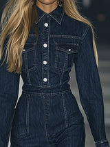 【24-hour shipping out】Casual Slim Fit Vintage Lace-up Long Sleeve Denim Maxi Dress